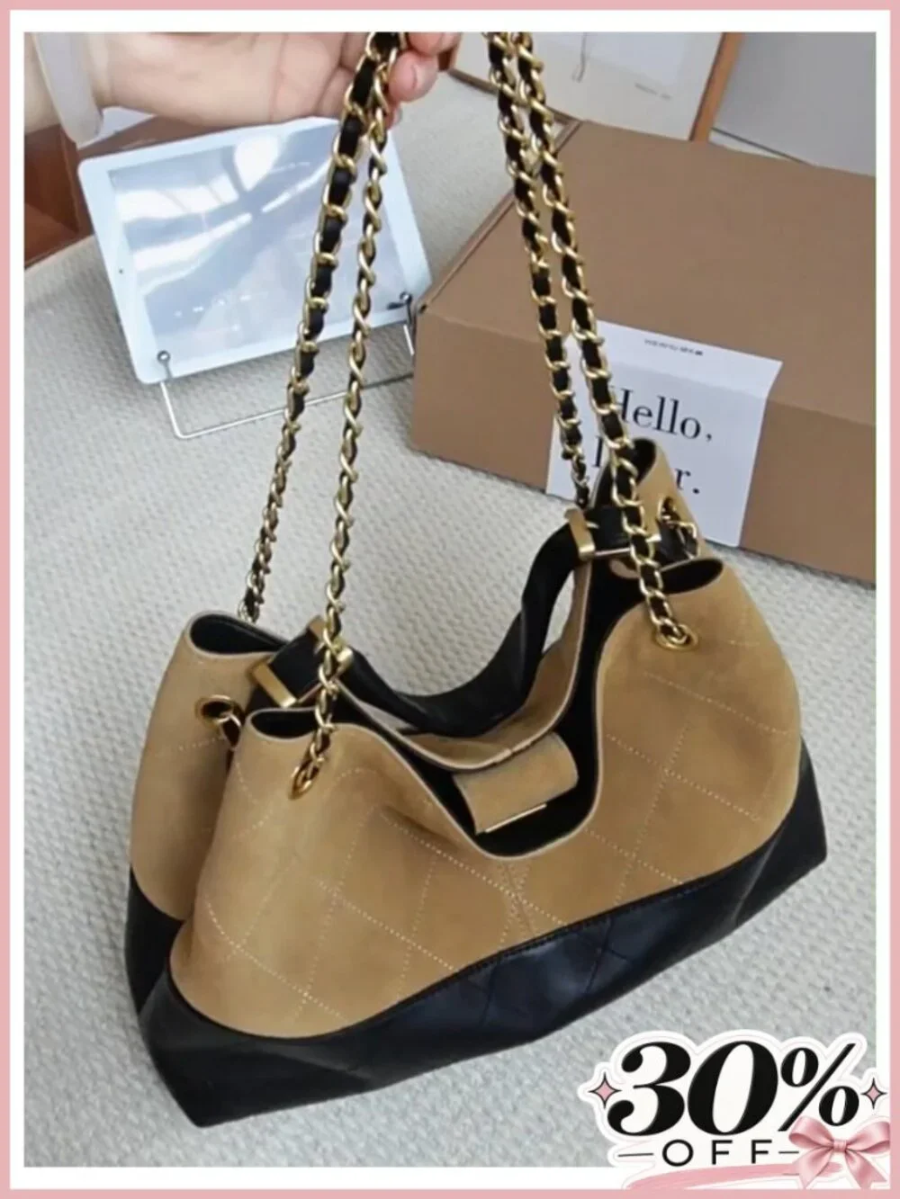 Genuine Leather Lambskin Suede Quilted Shoulder Bag Top Handle Gold Chain